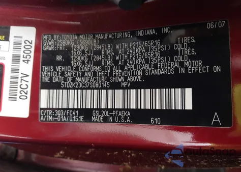 2007 Toyota Sienna Le z USA, uszkodzony, nr VIN 5TDZK23C37S080145